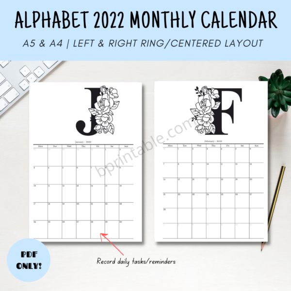 Alphabet 2022 monthly calendar