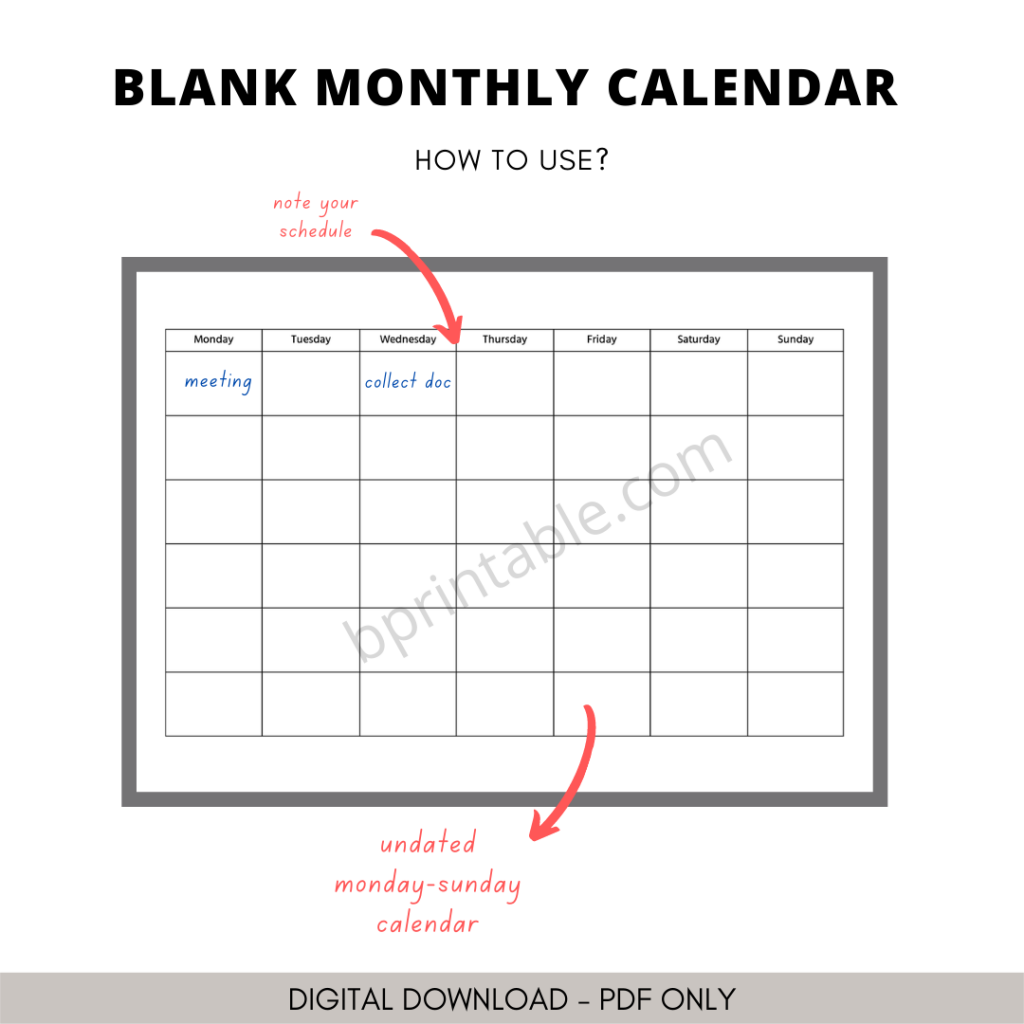 Blank Undated Monthly Calendar | BPrintable