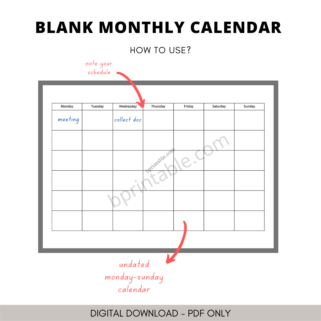 Blank Undated Monthly Calendar BPrintable
