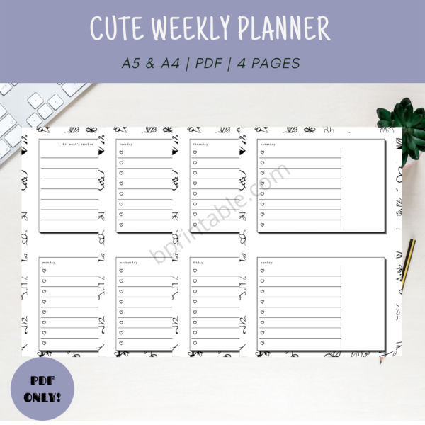 cute Weekly Planner on 4 Pages
