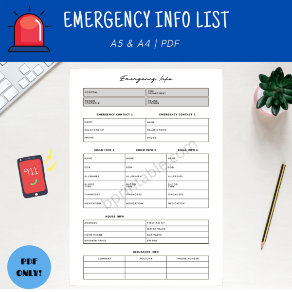 Emergency Info Planner Card